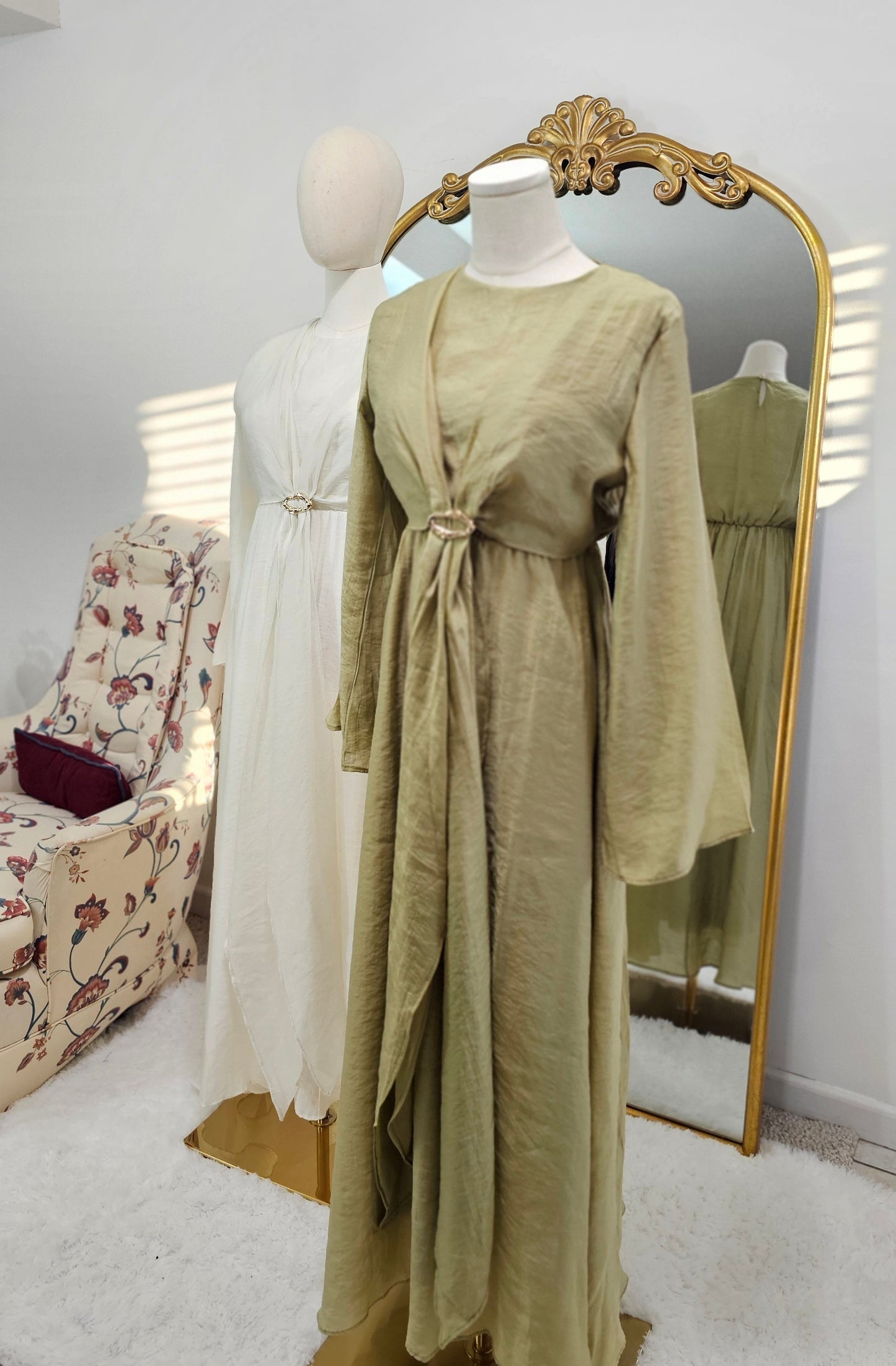 Faux Wrap Gold Brooch Maxi Dress - White