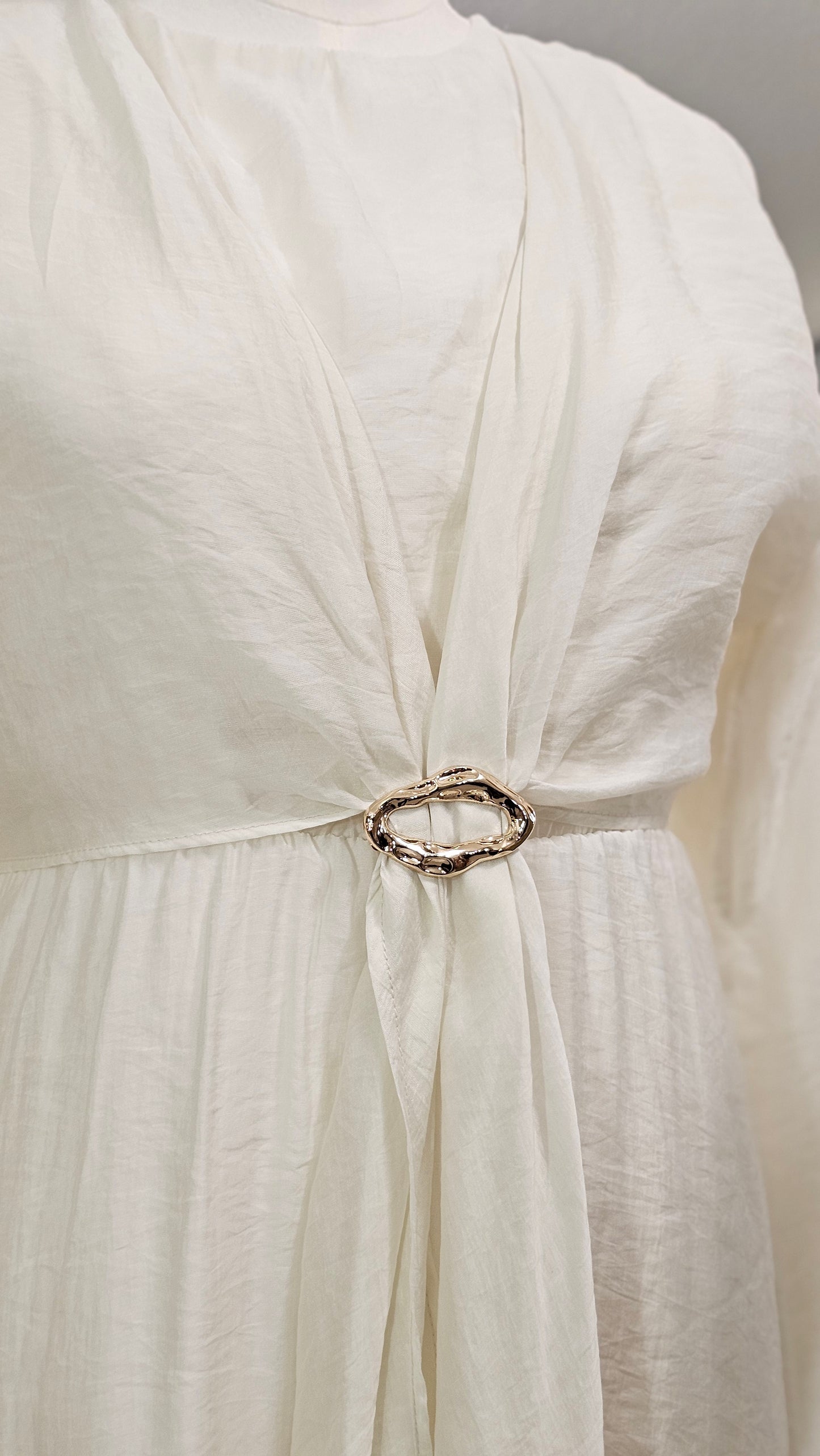 Faux Wrap Gold Brooch Maxi Dress - White