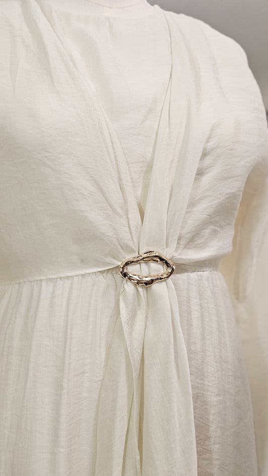 Faux Wrap Gold Brooch Maxi Dress - White