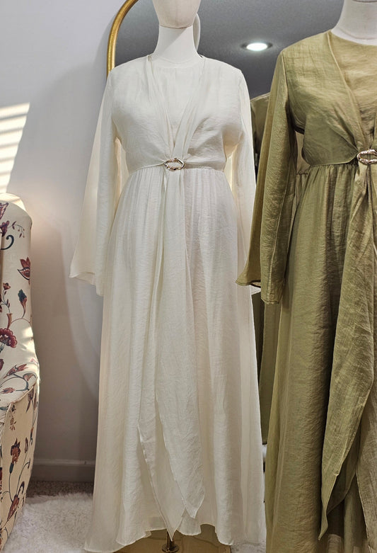 Faux Wrap Gold Brooch Maxi Dress - White