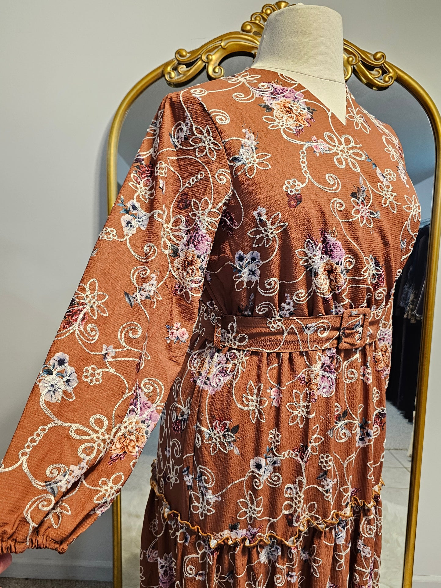 Tiered Floral Faux Wrap Dress - Burnt Orange