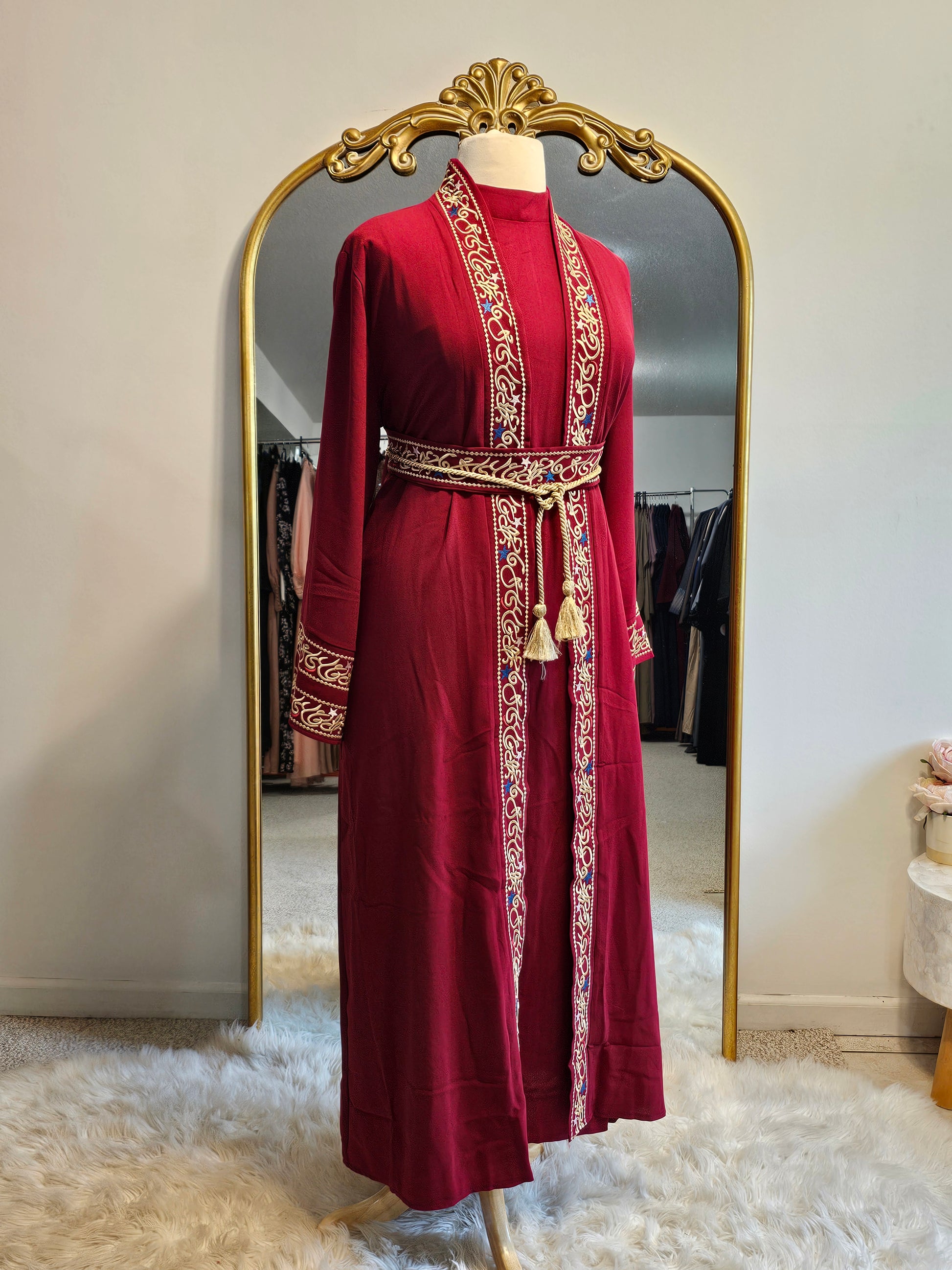 Embroidered calligraphy 3 PC kaftan Dress - Red Demure Loft Embroidered calligraphy 3 PC kaftan Dress - Red Demure Loft