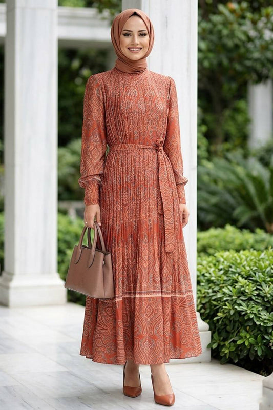 Pleated Satin Maxi Dress - Orange