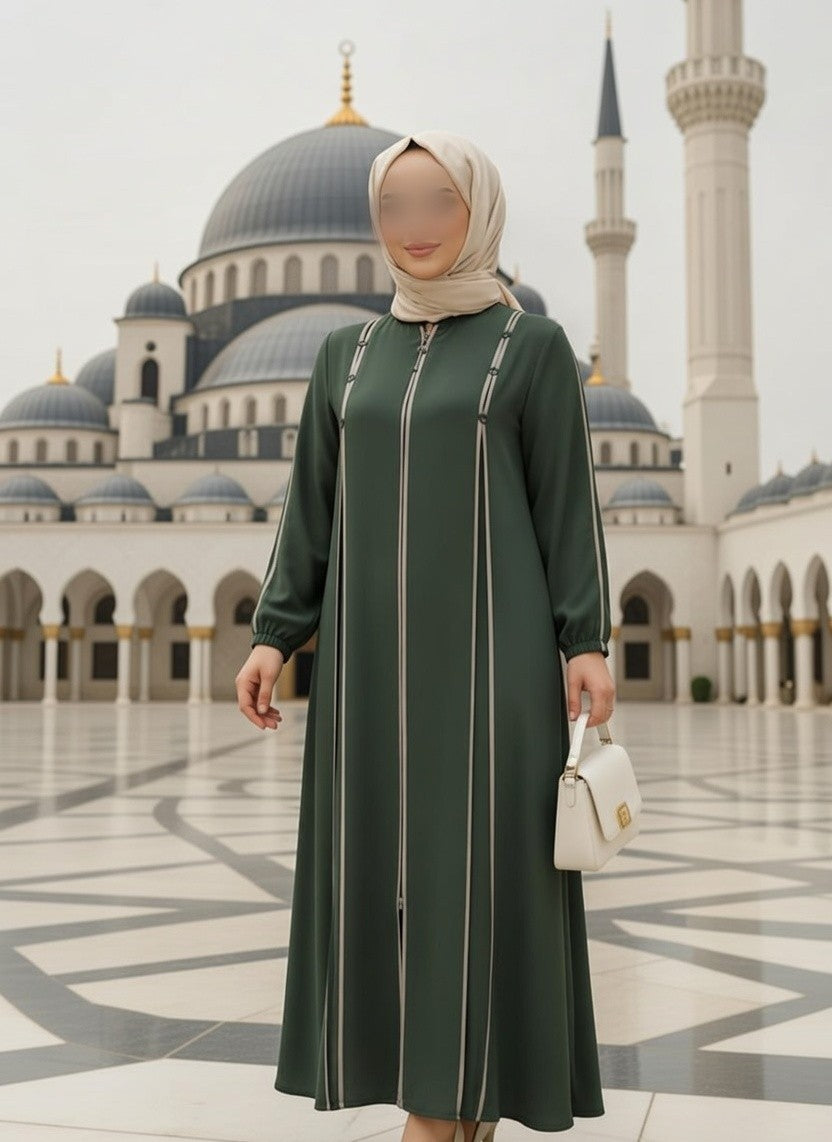 Button Contrast Lines Flowy Abaya - Green