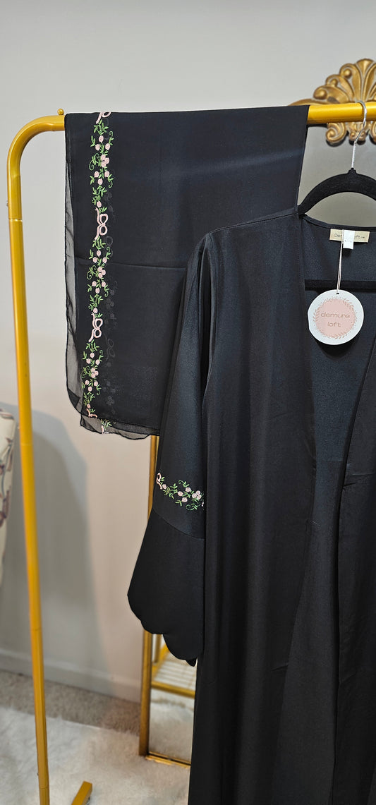 Embroidered Floral Boarder Abaya with Matching Hijab - Black