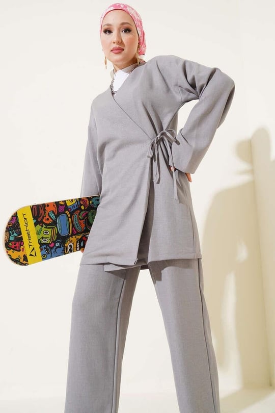 Wrap Side Tie 2pc Set - Gray