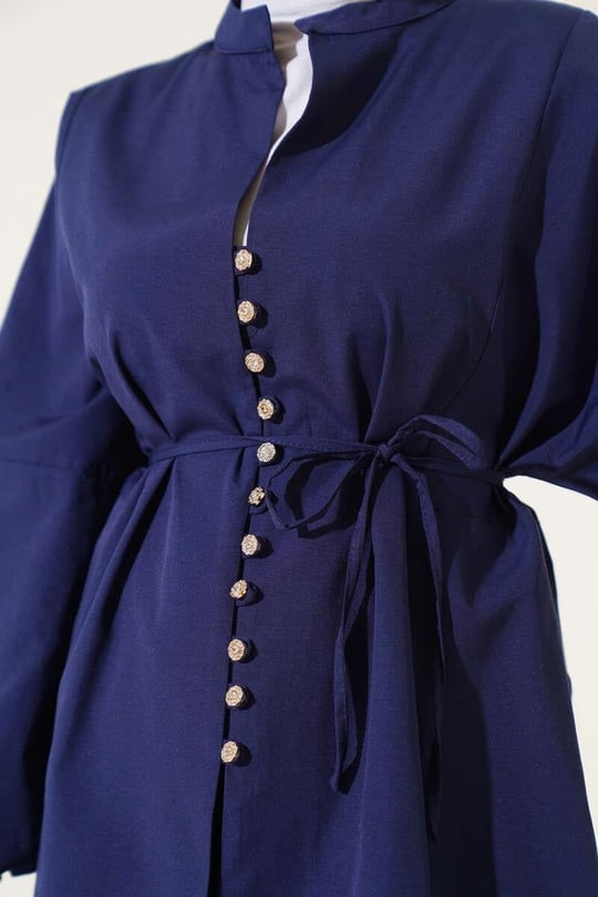 Crystal Button Shirt Tunic - Navy Blue
