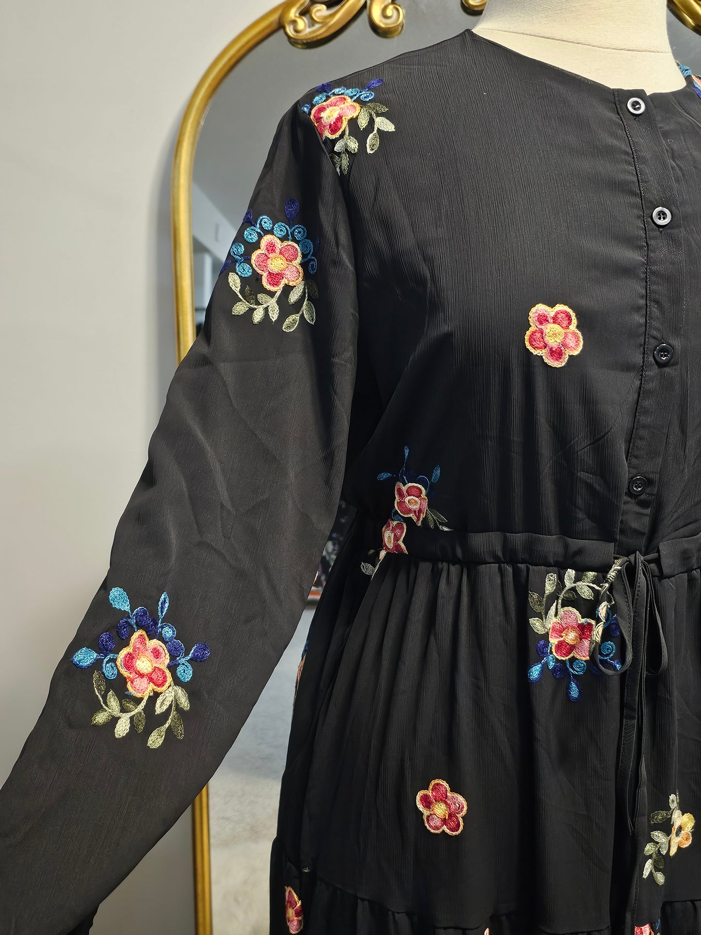 Floral Embroidered Chiffon Dress - Black