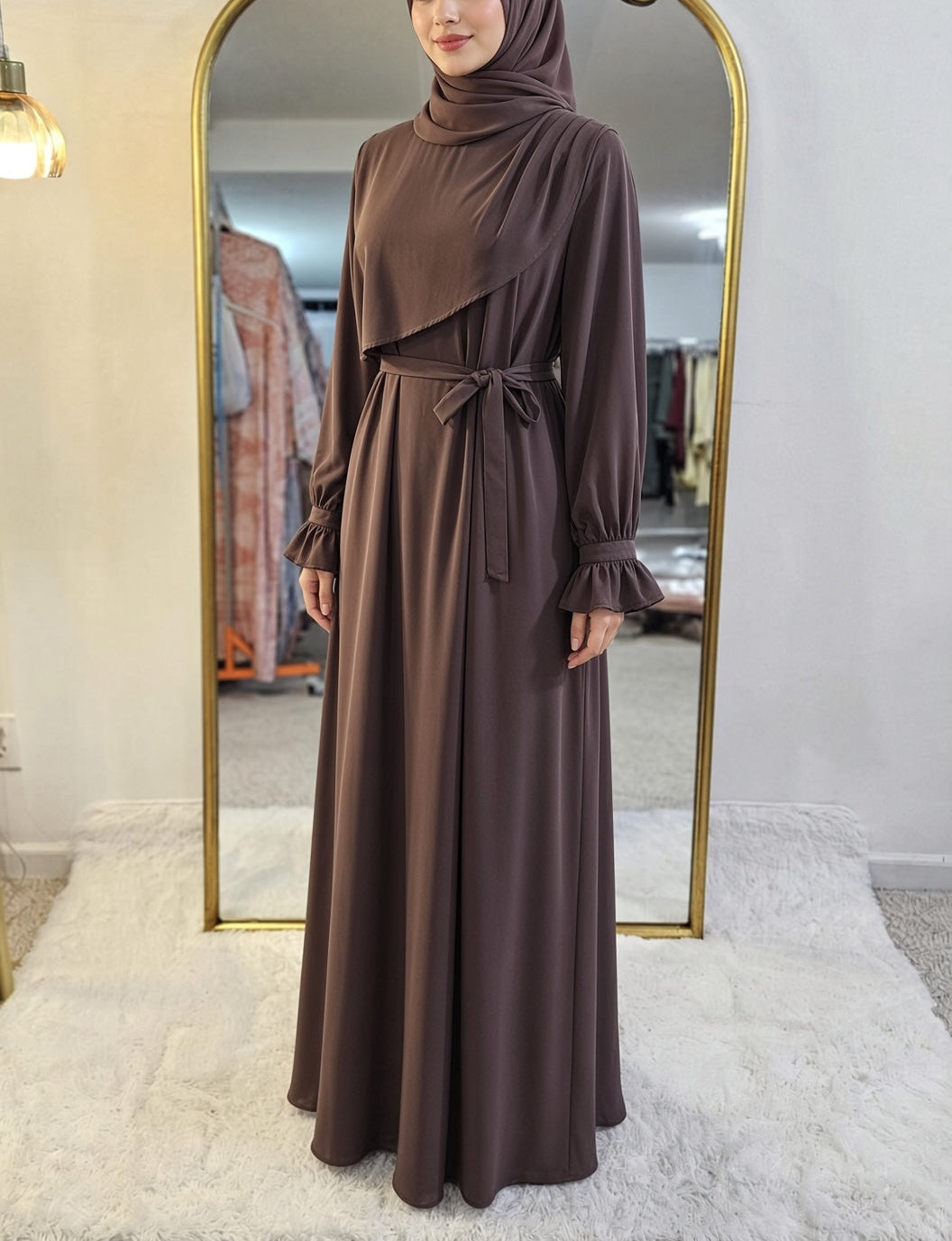 Asymmetrical Overlay Ruched Sleeve Abaya - Dusty Mocha