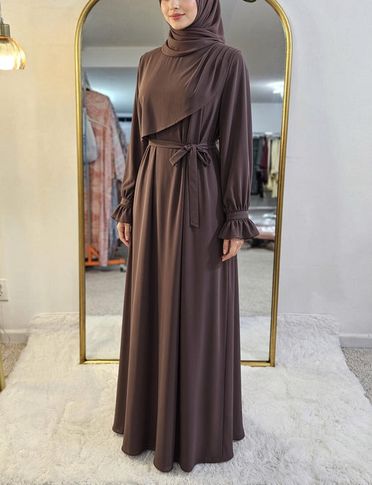 Asymmetrical Overlay Ruched Sleeve Abaya - Dusty Mocha