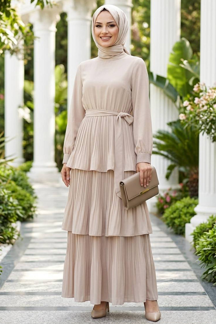 Pleated Maxi Dress with Sparkle Sleeves - Ivory