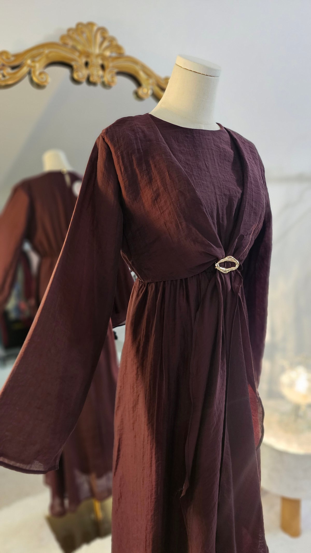 Faux Wrap Gold Brooch Maxi Dress - Burgundy