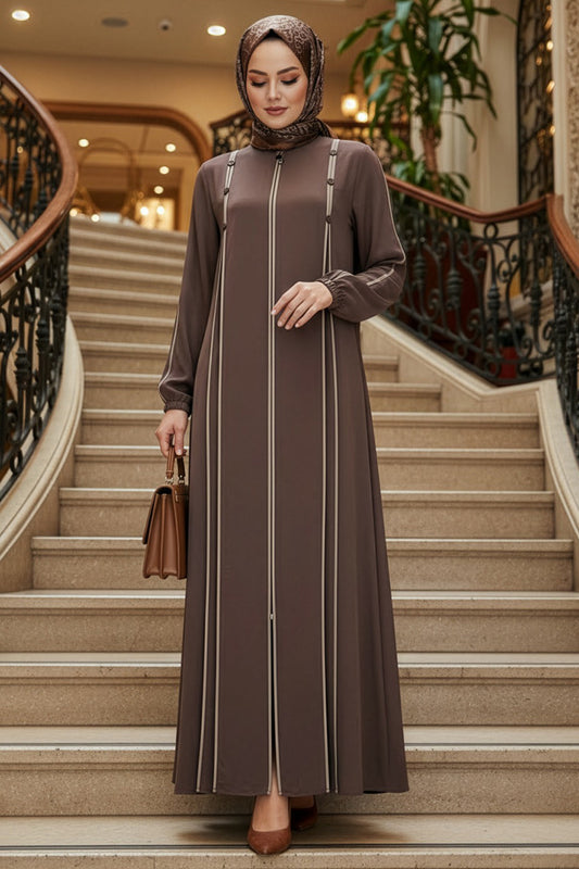 Button Contrast Lines Flowy Abaya - Mocha