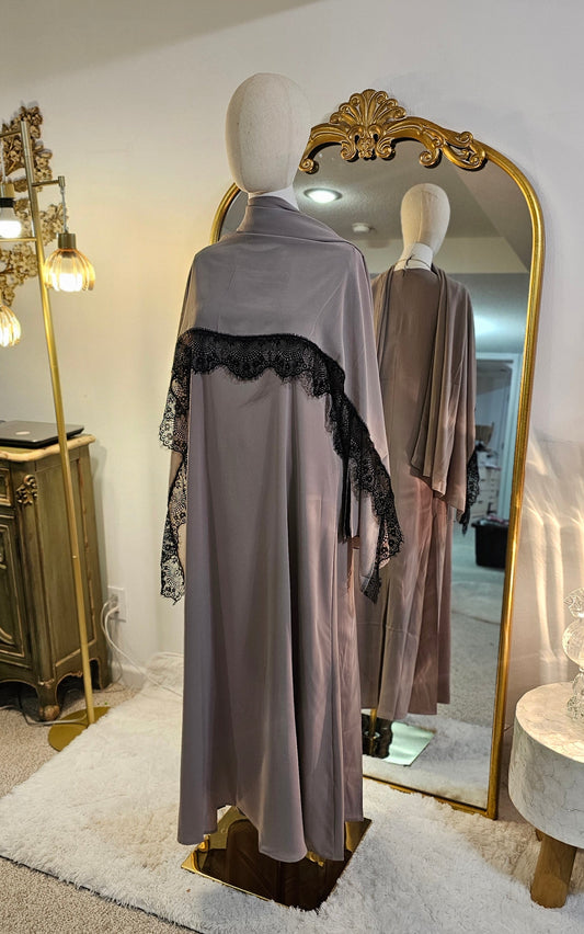 Peekaboo Lace Abaya with Matching Hijab - Taupe Gray