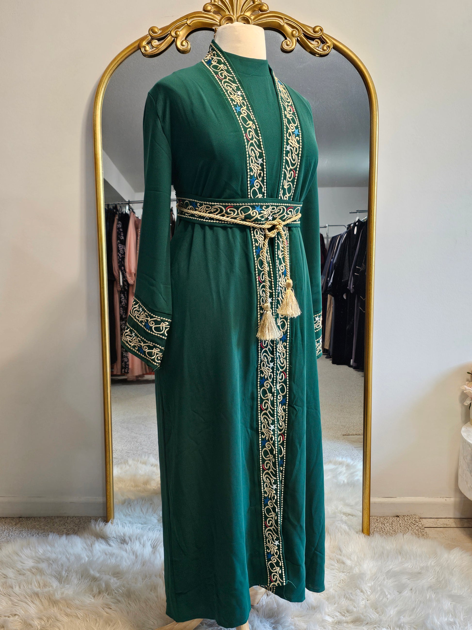 Embroidered calligraphy 3 PC kaftan Dress - Green Demure Loft Embroidered calligraphy 3 PC kaftan Dress - Green Demure Loft