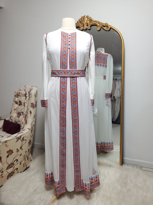 Cheerful 2 pc Ebroidered Thobe with Belt - White