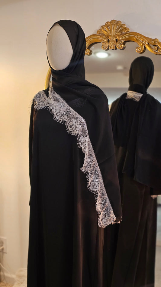 Peekaboo Lace Abaya with Matching Hijab - Classic Black