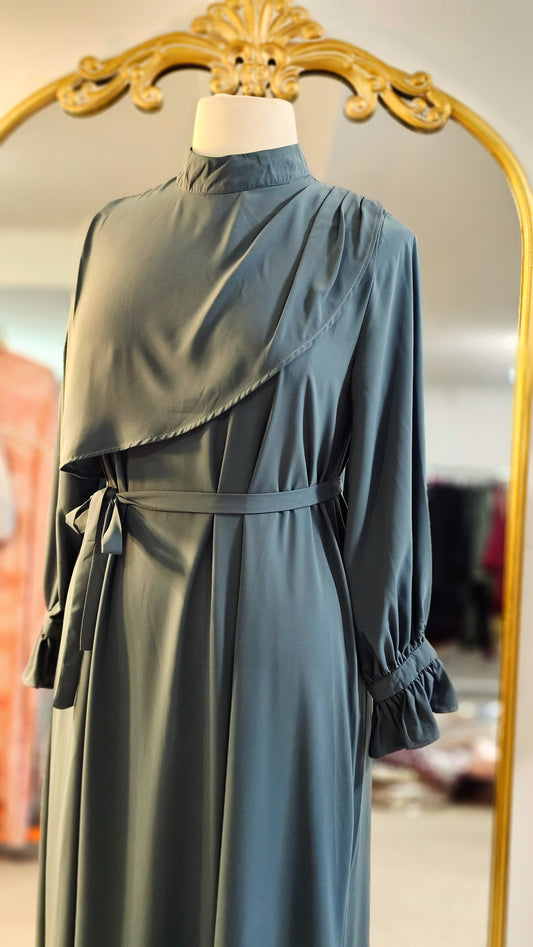 Asymmetrical Overlay Ruched Sleeve Abaya - Dusty Sage