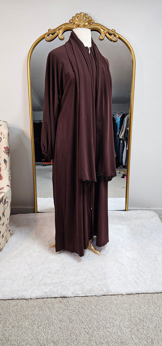 Medina Silk Abaya with Matching Attached Hijab - Brown