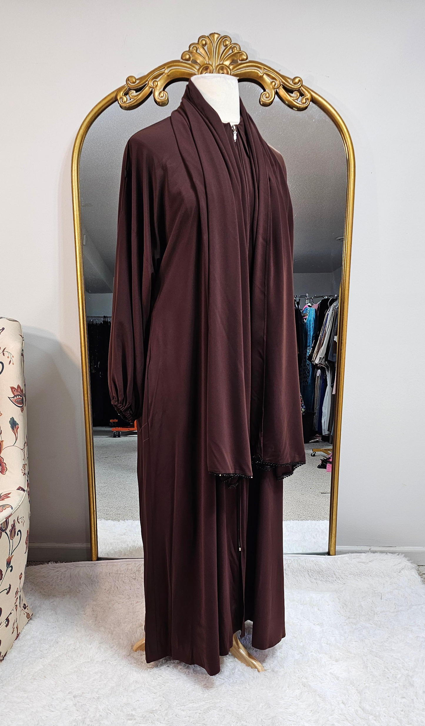 Medina Silk Abaya with Matching Attached Hijab - Brown
