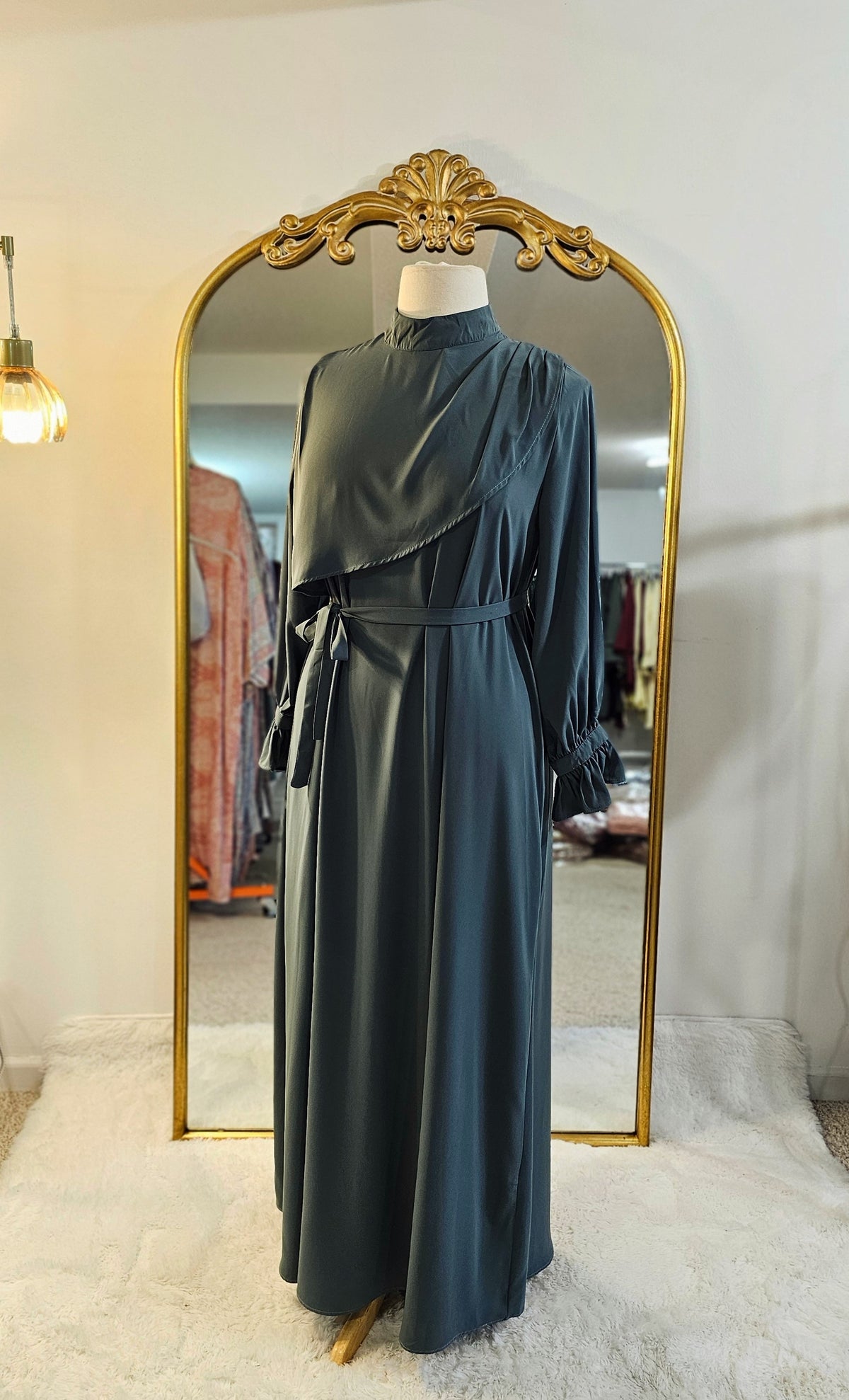 Asymmetrical Overlay Ruched Sleeve Abaya - Dusty Sage
