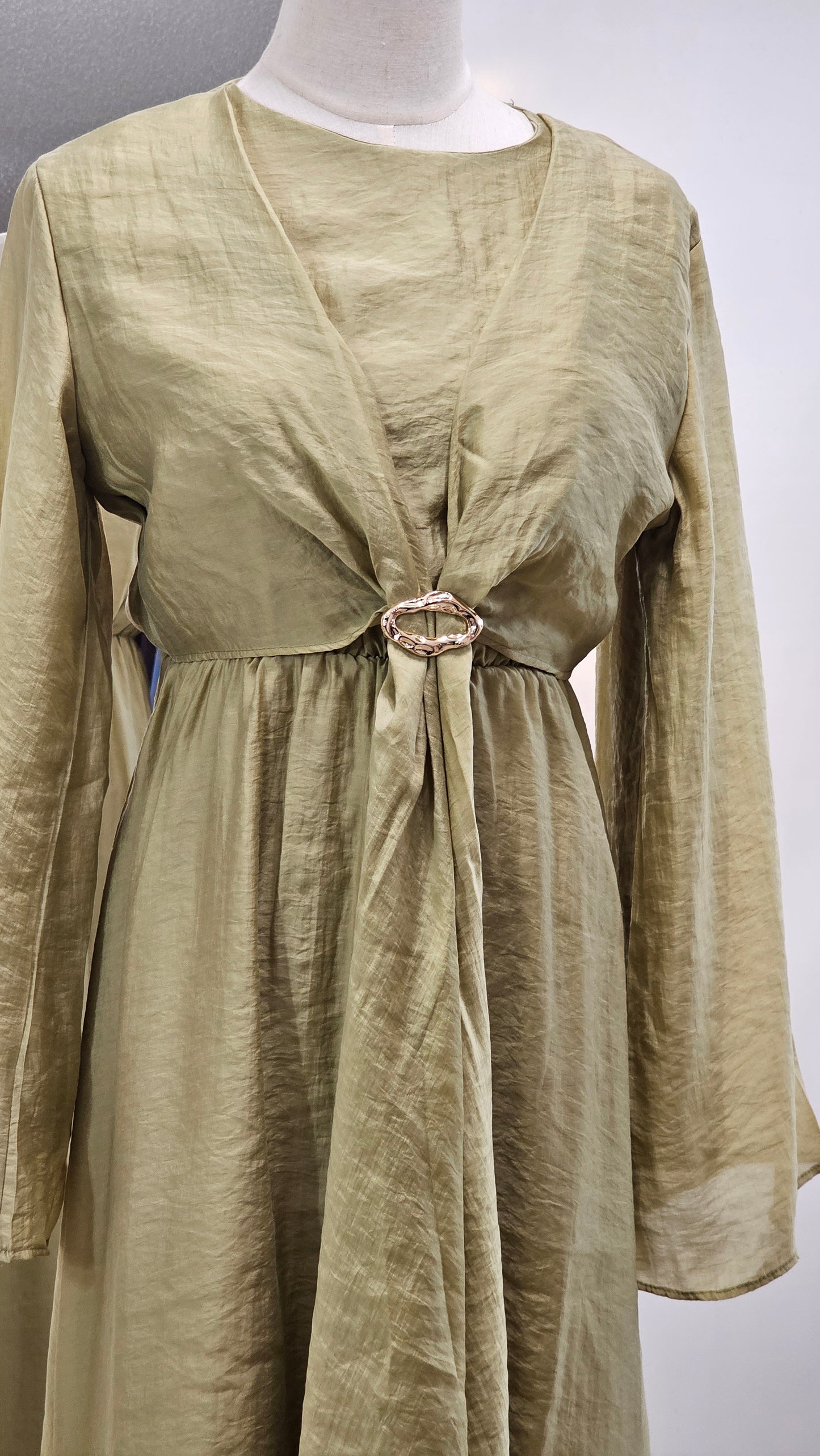 Faux Wrap Gold Brooch Maxi Dress - Muted Lime