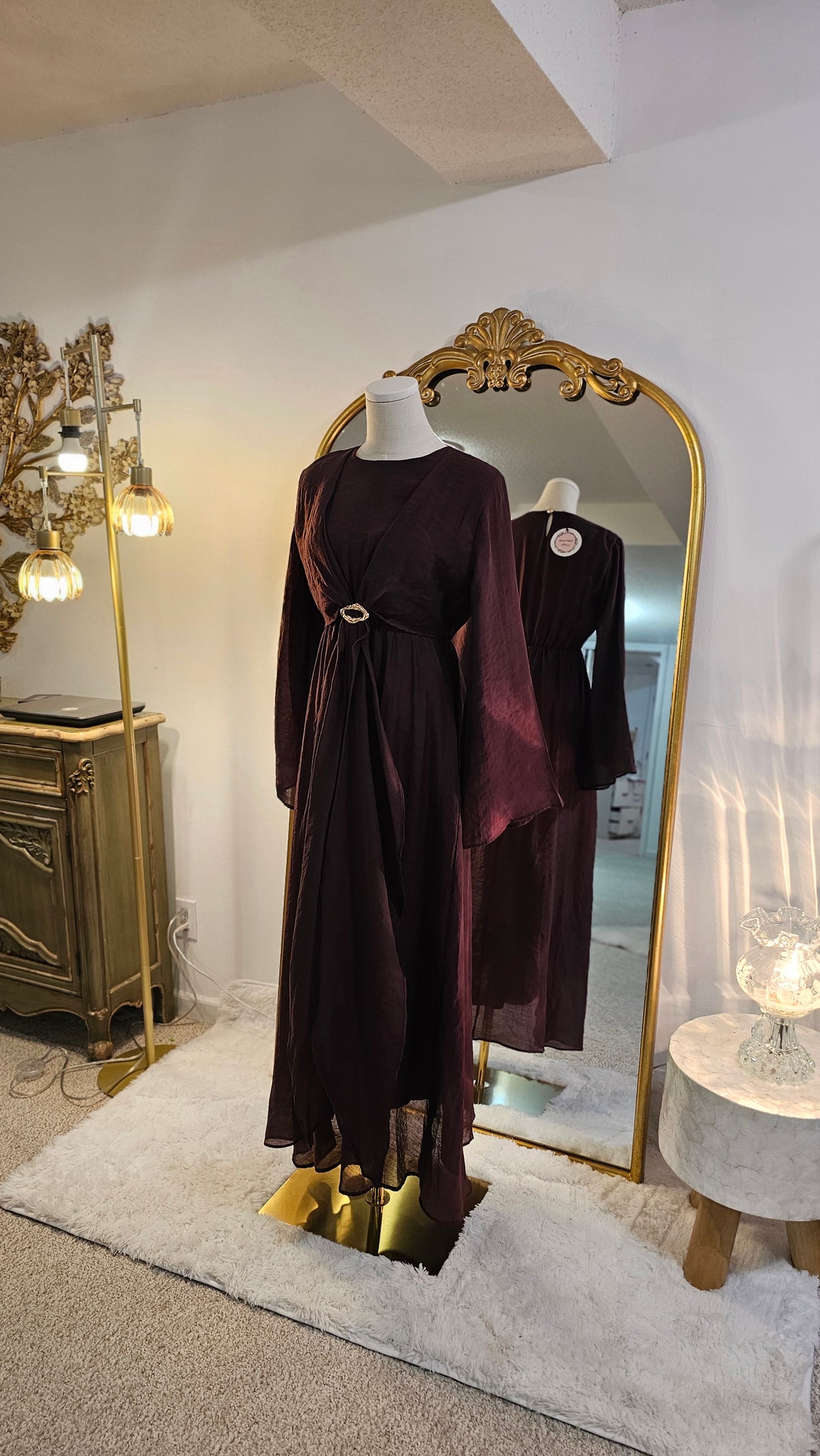 Faux Wrap Gold Brooch Maxi Dress - Burgundy
