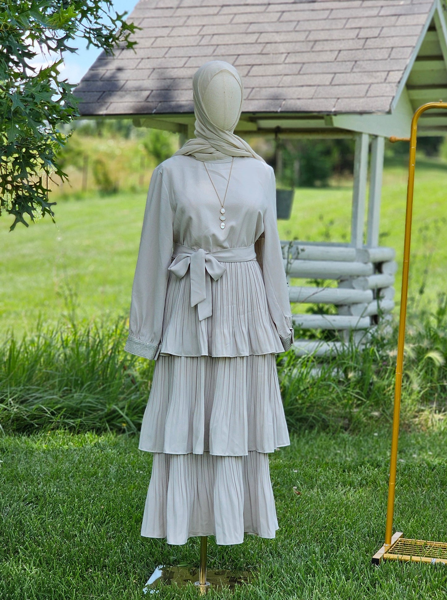 Pleated Maxi Dress with Sparkle Sleeves - Ivory