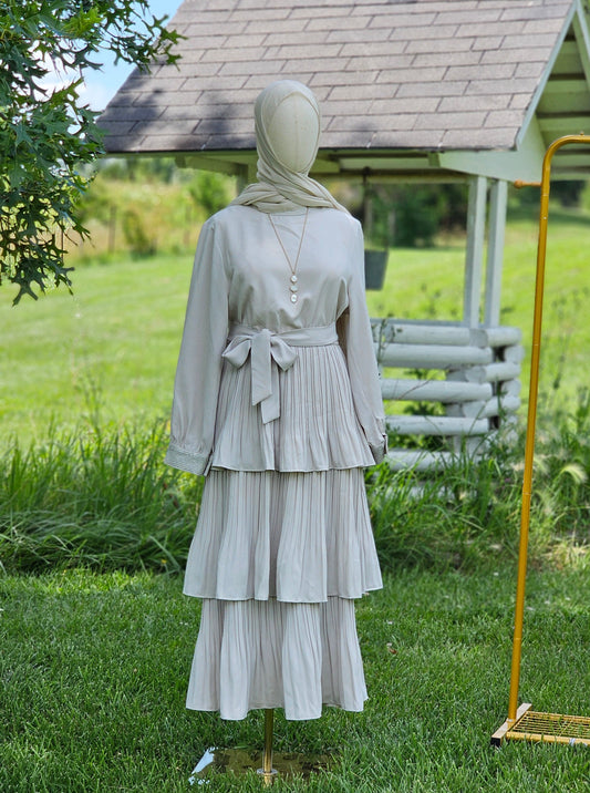 Pleated Maxi Dress with Sparkle Sleeves - Ivory