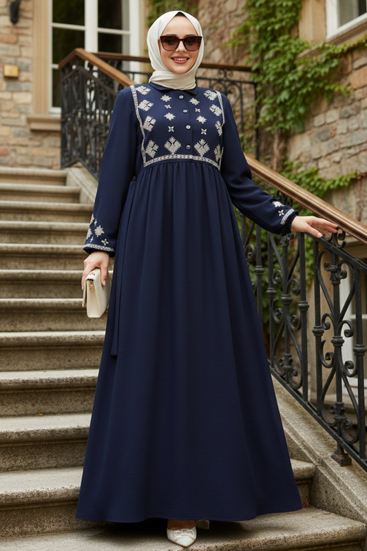 Cross Stitch Embroidered Dress- Navy Blue