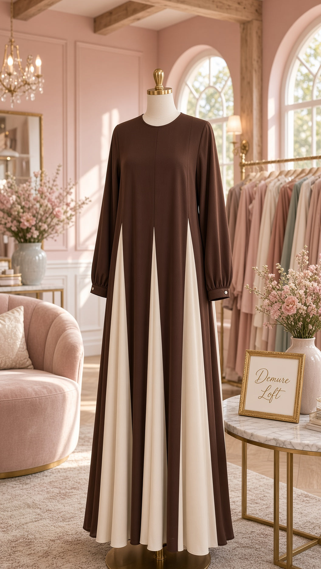 Coloblock Flowy Umbrella Abaya - Rich Brown