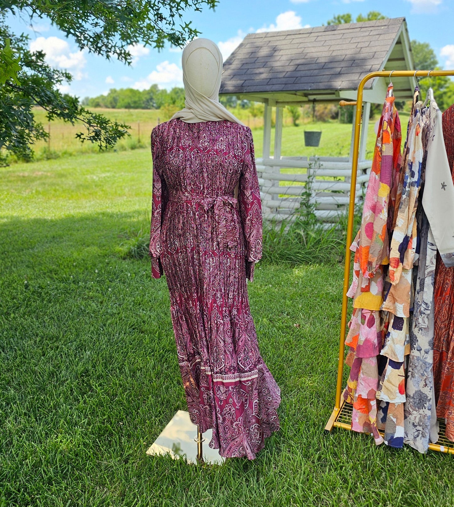 Pleated Satin Maxi Dress - Maroon