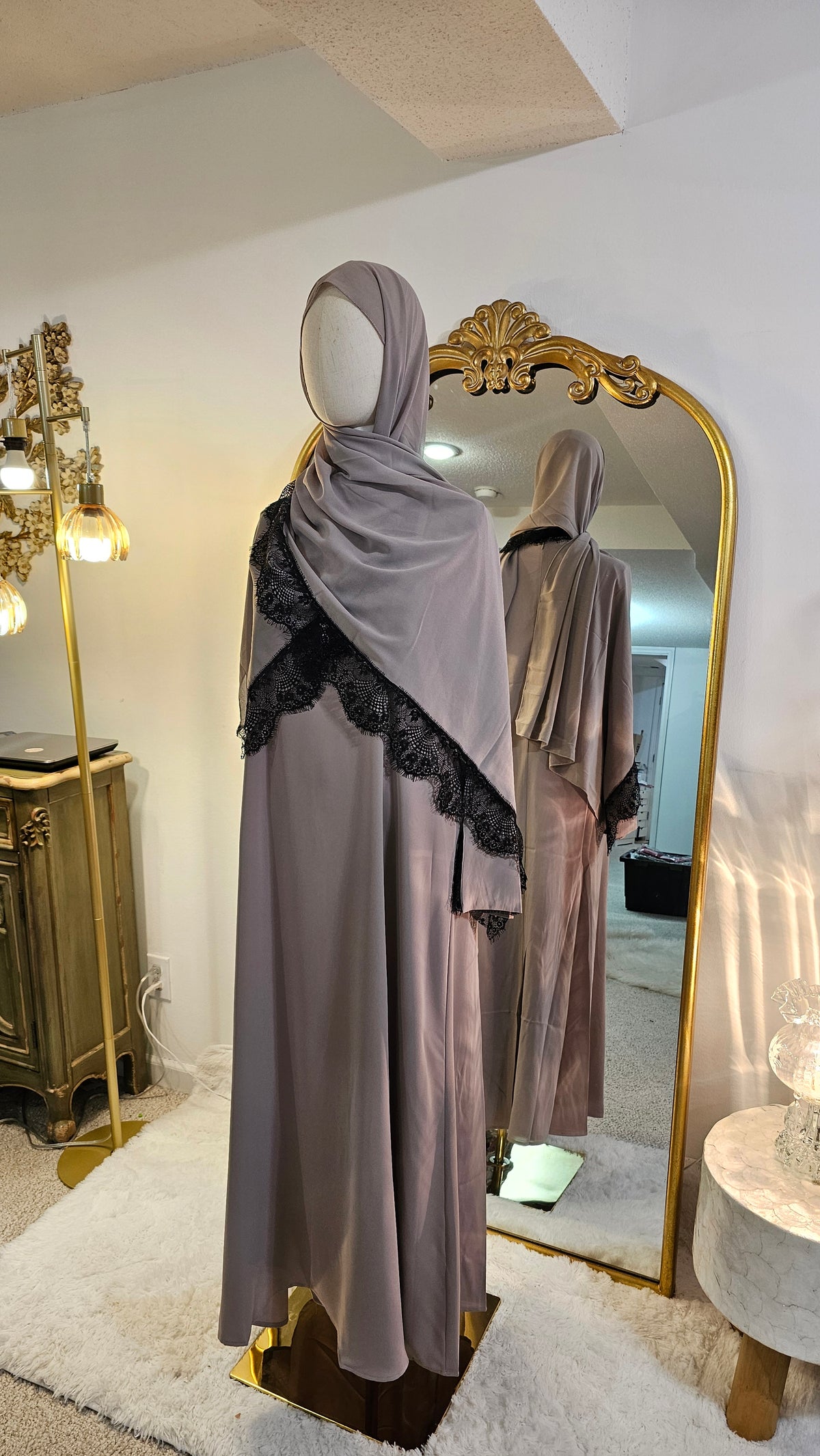 Peekaboo Lace Abaya with Matching Hijab - Taupe Gray