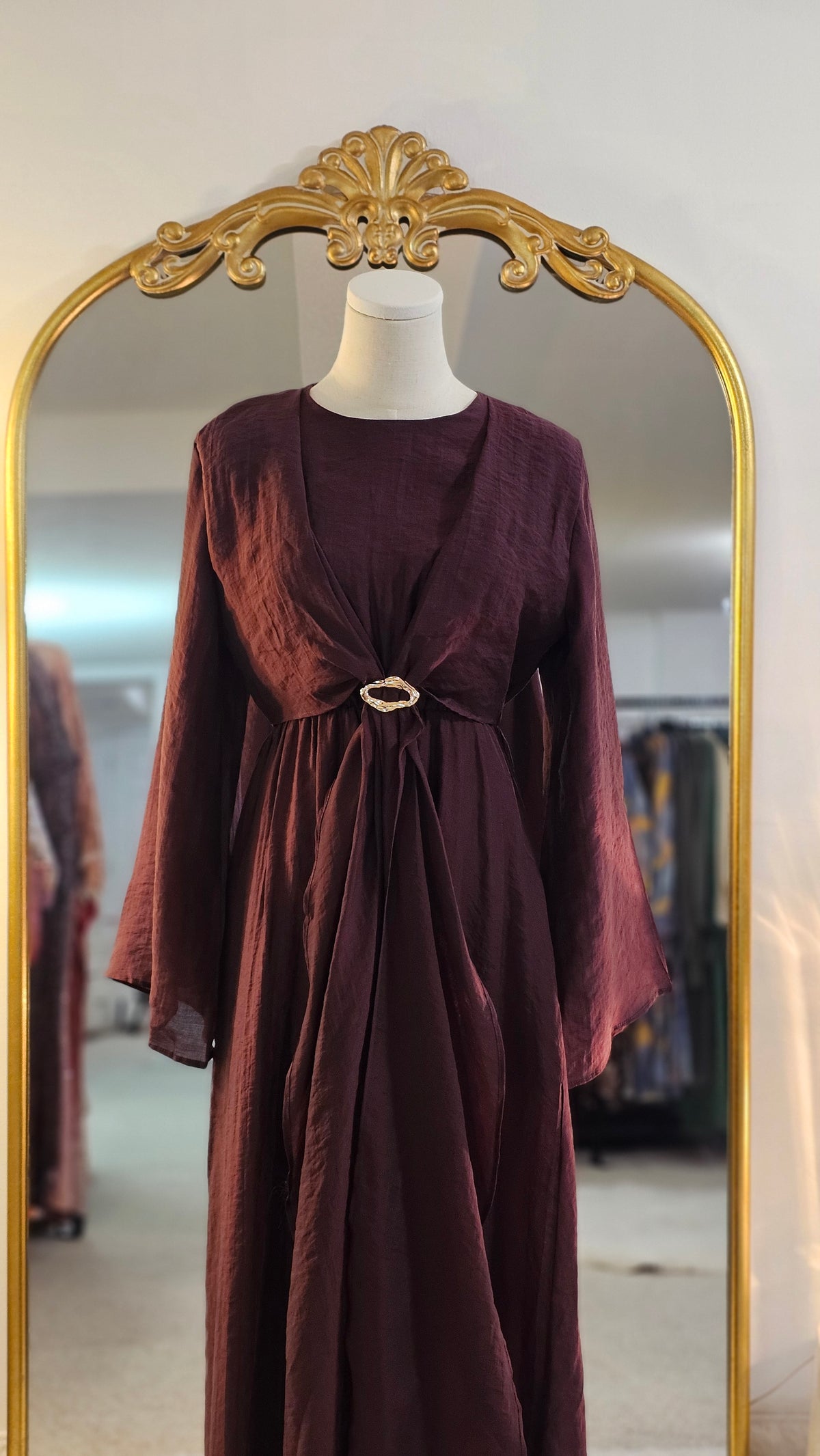 Faux Wrap Gold Brooch Maxi Dress - Burgundy