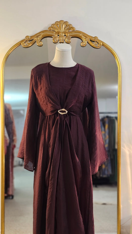 Faux Wrap Gold Brooch Maxi Dress - Burgundy