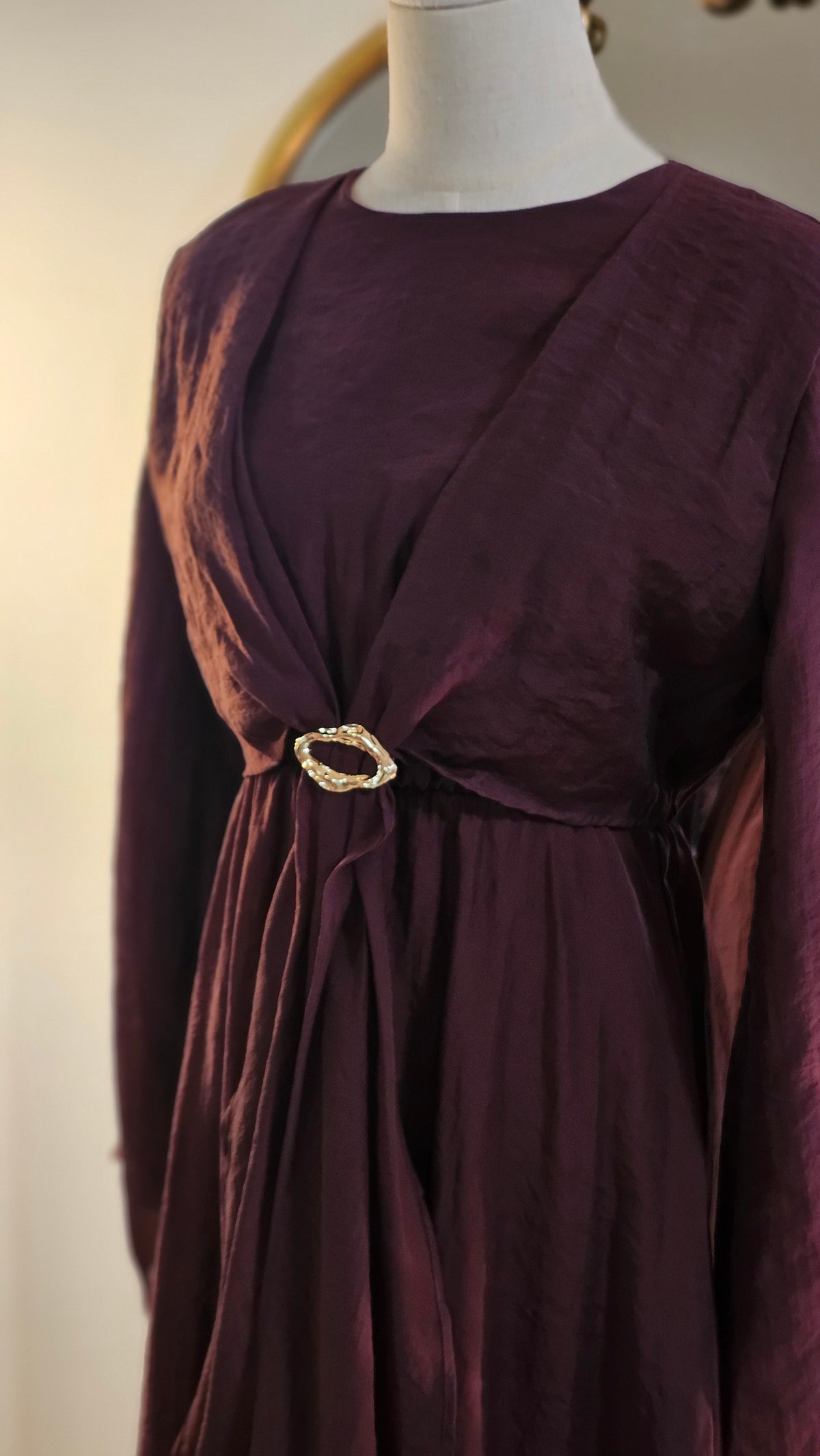 Faux Wrap Gold Brooch Maxi Dress - Burgundy