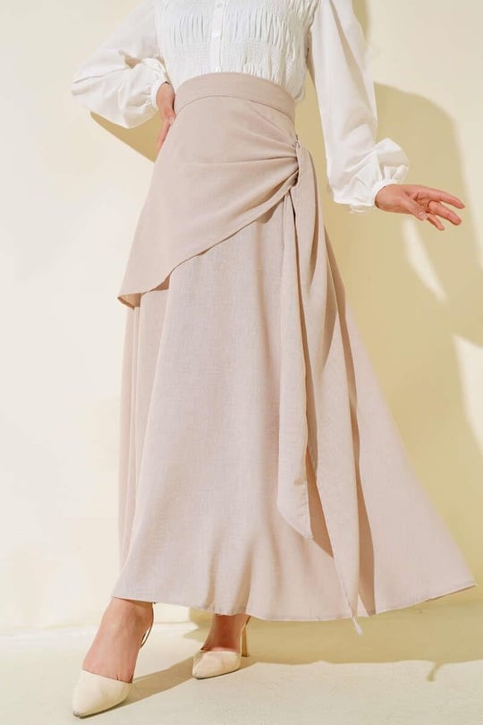 Side Tie Faux Wrap Maxi Skirt - Beige
