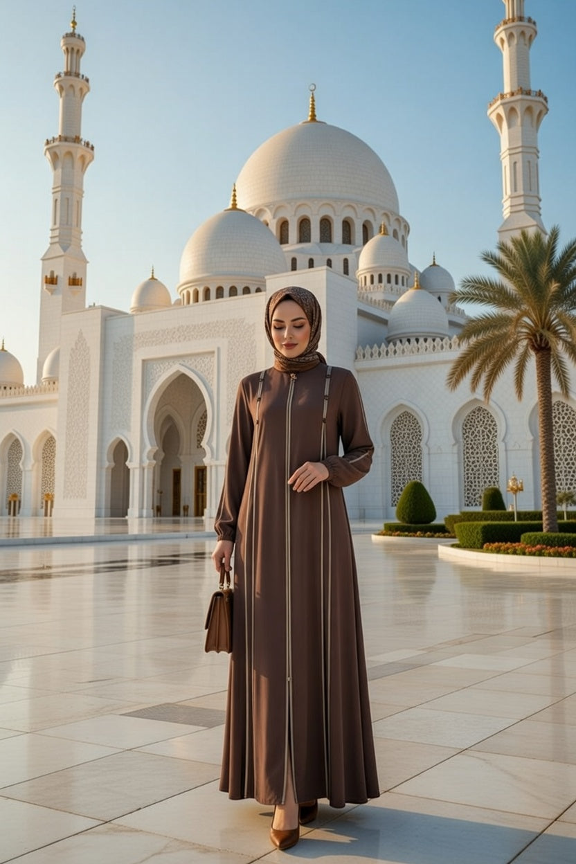 Button Contrast Lines Flowy Abaya - Mocha