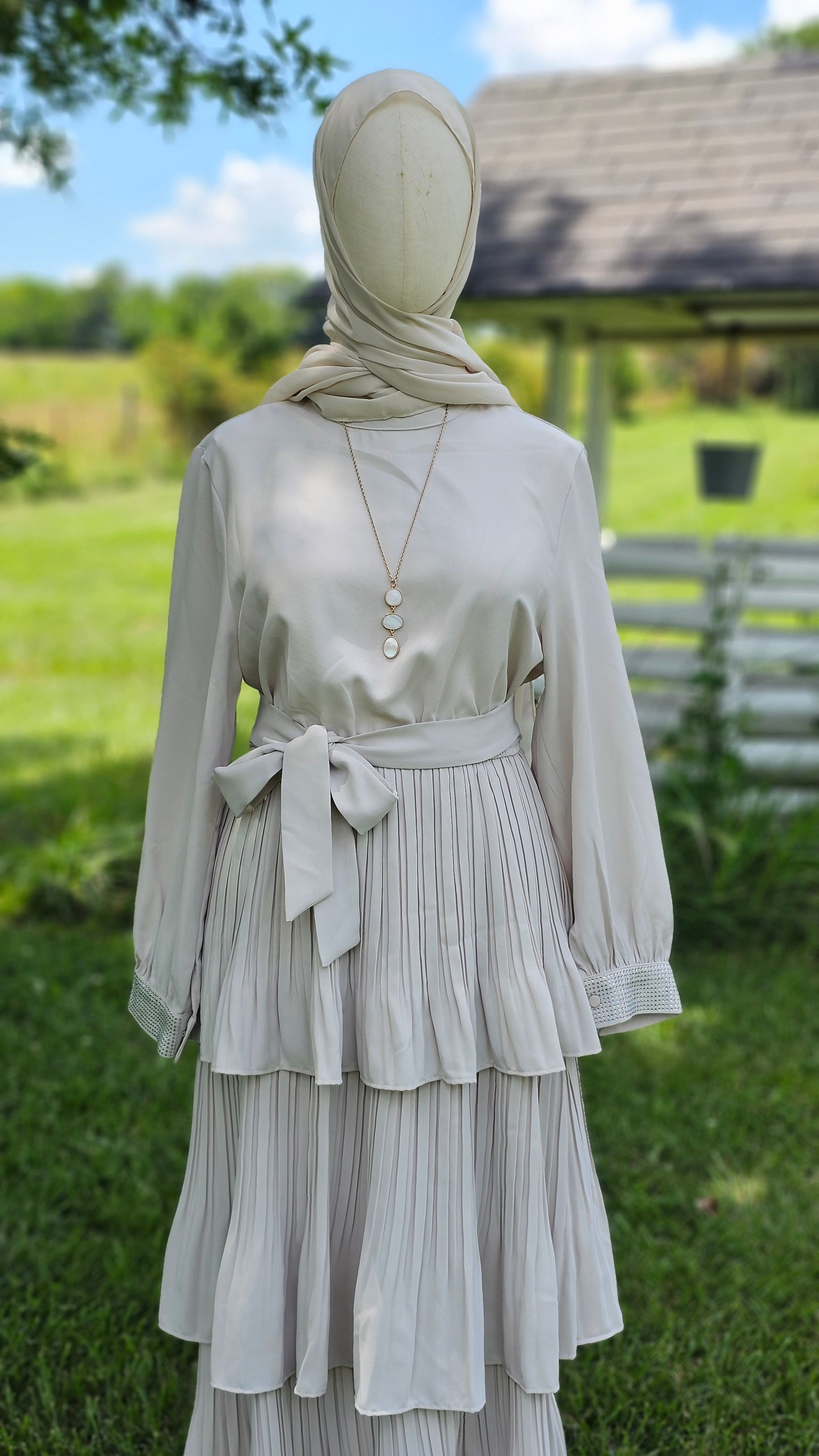 Pleated Maxi Dress with Sparkle Sleeves - Ivory