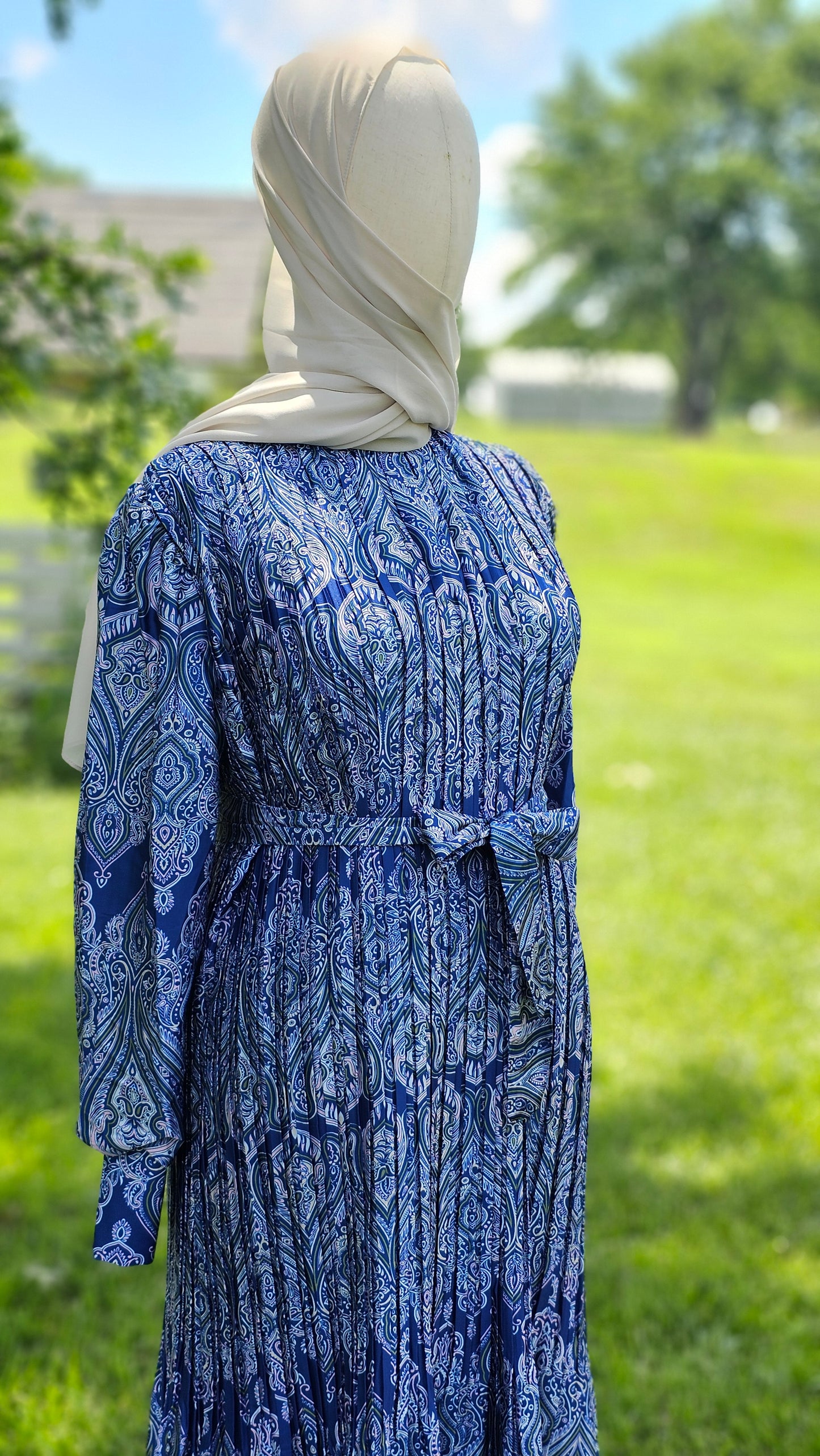 Pleated Satin Maxi Dress - Blue