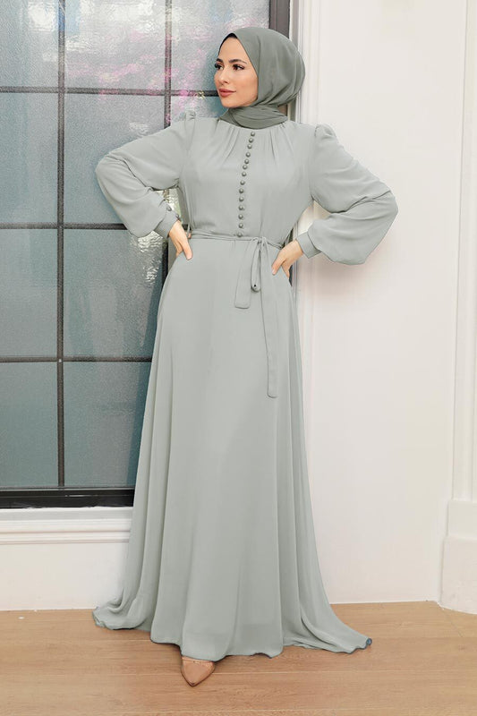 Chiffon Button Detail Maxi Dress - Silver Gray